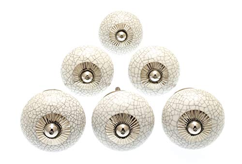 Mango Tree Lot de 6 boutons de placard – Blanc effet craquelé – Poignées de porte et tiroir en céramique – Décoration d'intérieur vintage