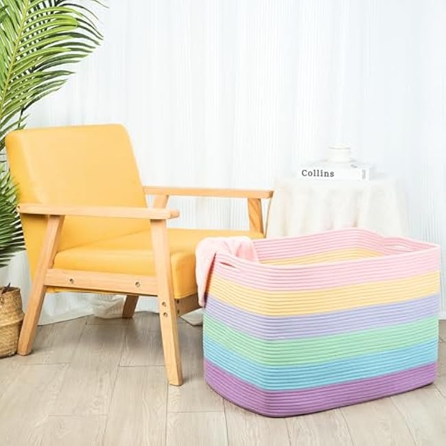 MINTWOOD Design 112L Extra Large Blanket Basket Holder Living Room, 25x17x16 Rectangle Rope Woven Storage Basket with Handles for Laundry, Towels, Shoes, Dog Toy Organizer Bin Box, Pastel Rainbow