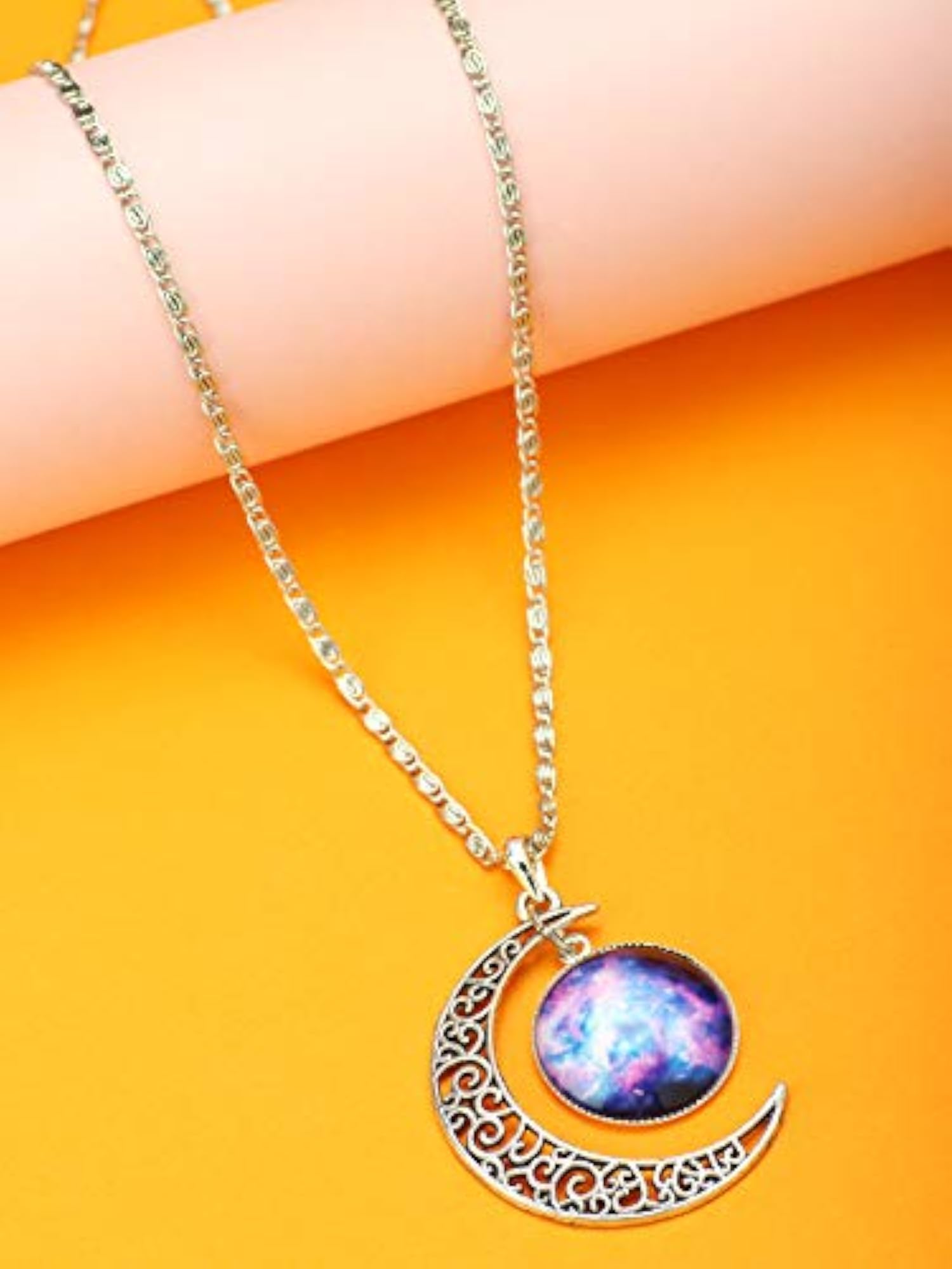 Purple Glass Galaxy & Crescent Moon Pendant with Chain