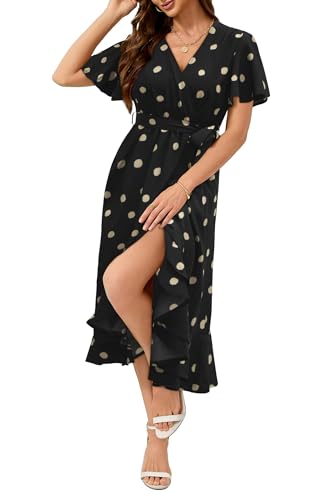 Image of Women's Summer Floral Wrap Dress Casual Boho Printed V Neck Short Sleeve Ruffle Flowy Beach Midi Dresses with Pockets