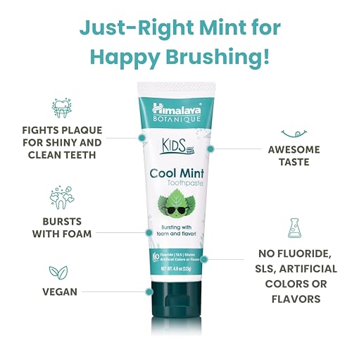 himalaya botanique kids toothpaste cool mint fluoride-free gentle no artificial colors sls free gluten free cruelty free vegan foaming 4 oz 1 pack
