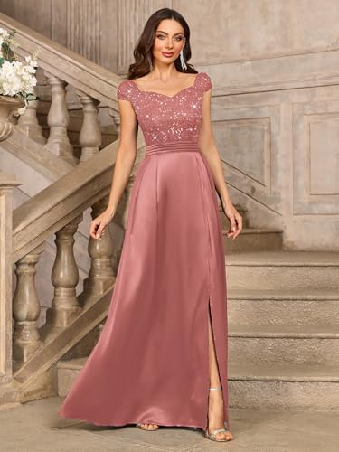 Miusol Women's Elegant V-Neck Sequin Lace Contrast Satin Split Bridesmaid Maxi Dress3