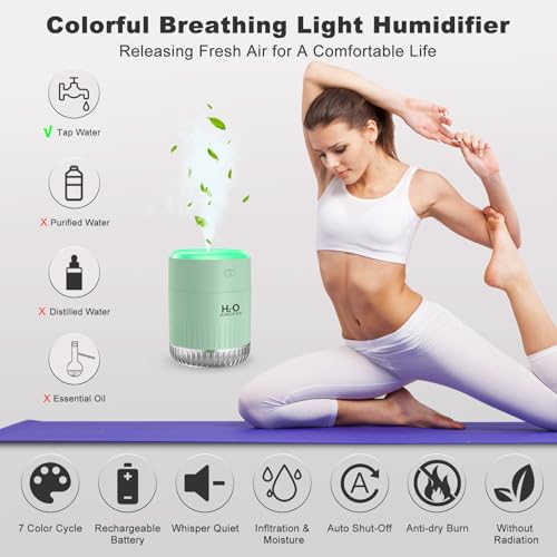Image of Rechargeable Mini Cool Mist Humidifier With 7 Color Light, Small Personal Desktop for Baby Bedroom, Office, Nursery, Travel With Auto Shut-Off, Super Quiet (Green)