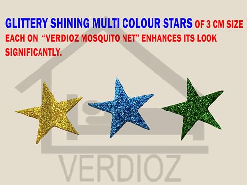 Image of VERDIOZ Mosquito Net for Double Bed King Size with Multicolor 3cm Glittery Star Design | Strong 28 GSM White Net | Steel Wire | 2 Doors Foldable Machardani - (Grey with Stars)