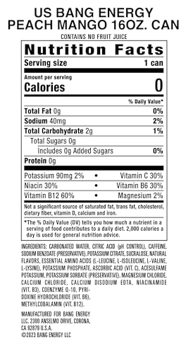Image of Bang Energy Peach Mango, Sugar-Free Energy Drink, 16-Ounce | Pack of 12