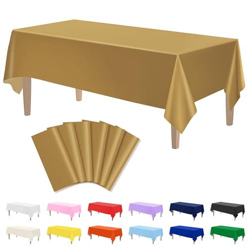 Image of Kopokita 6 Pack Gold Plastic Tablecloths Disposable 54 x 108 Inch | Rectangle Table Cloths, Party Table Covers for Birthday, Wedding, Graduation Decorations, Thanksgiving, Christmas Decorations