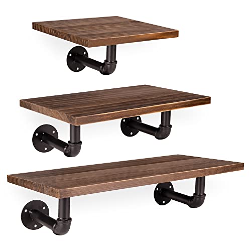 Navaris Lot 3x Étagère Murale Flottante - 3x Étagère Suspendue en Bois de Pin Capacité de charge 15kg - Montage Mural Art Rétro