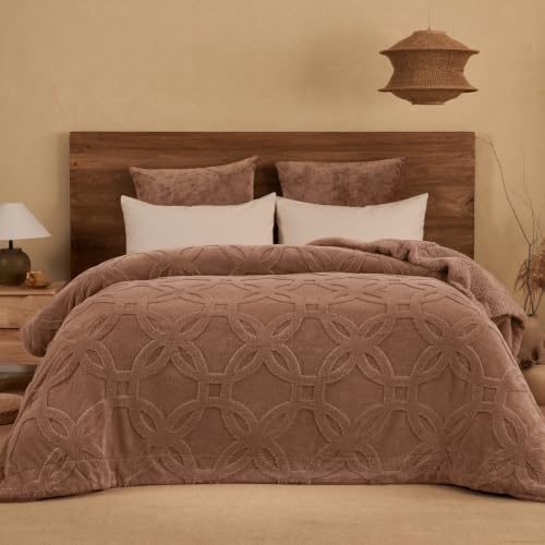 PHF Soft Sherpa Fleece Blanket King, Tufted Jacquard, 01-Clay