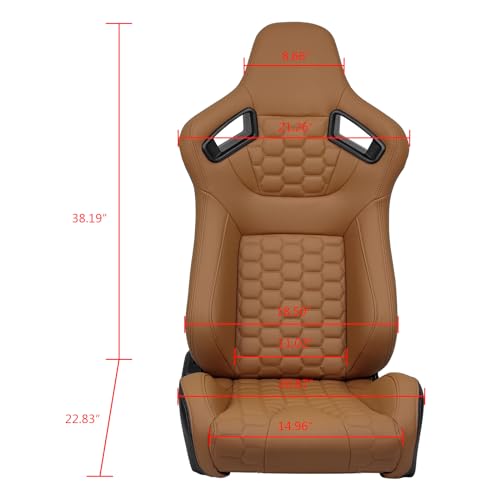 Image of IKON MOTORSPORTS, Universal Racing Seats with Dual Sliders, Reclinable Brown PU + Carbon Leather with Hexagonal Quilting Sport Bucket Seats, 1 Pair Driver + Passenger Side
