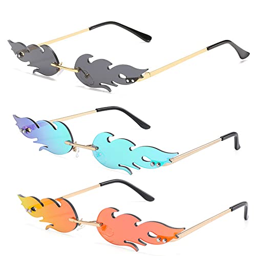 3 Piezas Gafas de Fuego, Gafas Sin Marco de Llama, Gafas Retro Punk, Gafas de Sol Sin Marco, para Carnaval, Cumpleaños, Graduaciones, Bodas y Fiestas (Rojo, Verde y Gris) Cover