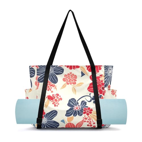 Lxqimora Colorfulflowers Fresh Beige Yoga Mat Bag for Women Water-Resistant Gym Bag with Yoga Mat Holder Tote Bag for Pilates Yoga Office Gym