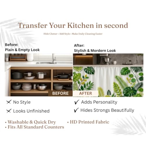 Image of Premium Printed Kitchen Sink Curtain | Washable & Dustproof Rod Pocket Counter Skirt | Perfect for Any Sink | Multicolor Cooking Theme Decor for Home & Kitchen(150cm X 70cm) (Green Paan)