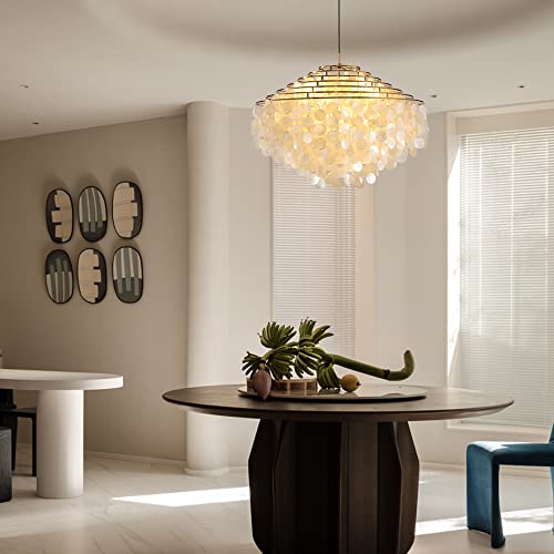 Zedsun Natural Capiz Shell Chandelier Lighting,Modern Beach Seashell Coastal Chandelier, Ceiling Hanging Round Layered Pendant Light For Living Room Bedroom Hallway Foyer,Wide-31.49",6 Lights #TOP2