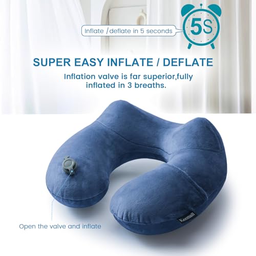 Image of Keemall Inflatable Travel Pillow - Soft Velvet U-Shape Inflatable Neck Pillow for Airplane /Bus /Car, Lightweight Comfortable Support for Long Journeys, Relieves Neck Pain, Navy Blue