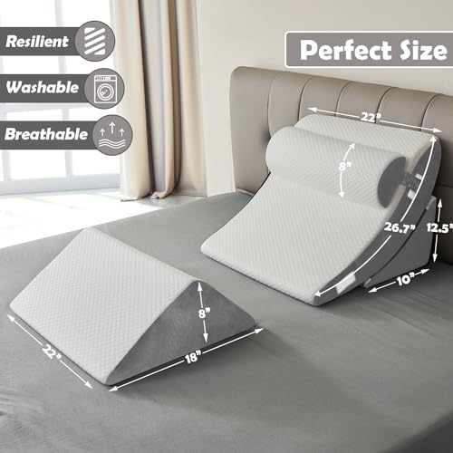 4pcs Orthopedic Bed Wedge Pillow Set Post Surgery Relaxing Back Adjustable Head Support Cushion Triangle Memory Foam Pillow for Acid Reflux Sleeping Reading Leg Elevation Snoring (White Grey, 4PCS) by Ganaver - Image 3