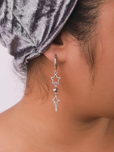 Sacina Silver-tone Spike Hoop Star Earrings, Grunge Emo Punk Y2k Gothic Earrings, Christmas Jewelry Gift for Women2