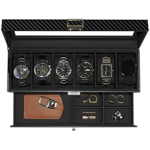 KILHS Caja de reloj, caja de reloj de 6 ranuras con tapa de cristal, caja de almacenamiento doble con cerradura con 1 llave para anillos, aretes, color negro y negro