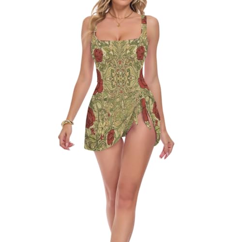 Maillot de bain 1 pièce vintage à motif roses rouges William Morris pour femme