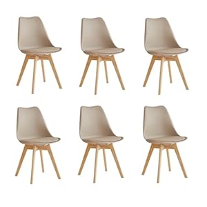 EGOONM Set van 6 Scandinavische eetkamerstoelen, gevoerde retro keukenstoelen met poten van massief grenenhout, bruin