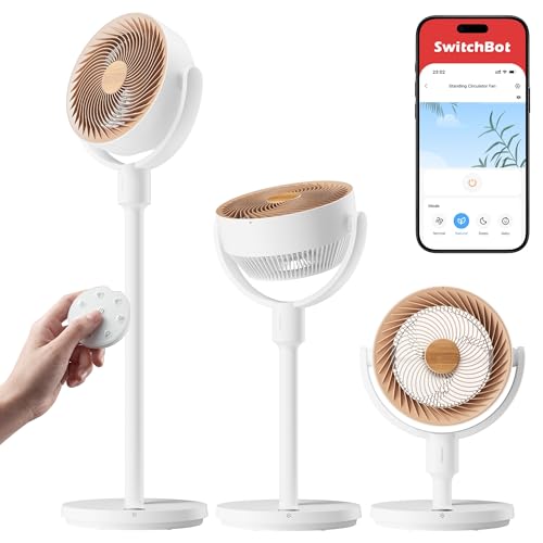 SwitchBot Standventilator mit Luftzirkulation mit RGB-Beleuchtung 22 dB-ultra-leise Fernbedienung Matter via Hub 9 15 m/min Luftstrom höhenverstellbar 4 Modi 9 Geschwindigkeiten 9h-Timer