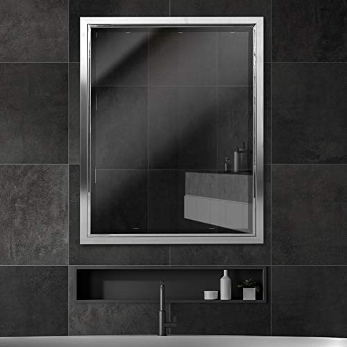 Head West Brushed Nickel And Chrome Metal Framed Vanity Mirror For Bathroom - Beveled-Edge Bedroom Mirror With Z-Bar Brackets For Vertical & Horizontal Placement - 24" X 30" #TOP1