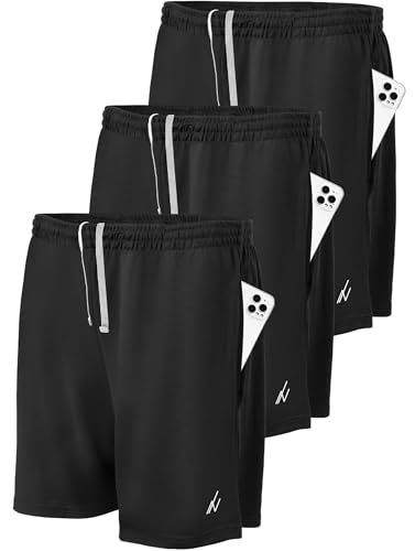 NY Threads 3 Pack Men’s Athletic Shorts Quick Dry Lightweight Workout Running Gym Shorts with Pockets, Large, Black/Black/Black