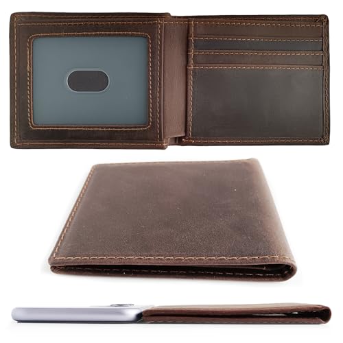 Men's Slim Front Pocket Bifold Wallets Full Grain Leather RFID Blocking with ID Window & Gift Box, Simple Design Minimalist Picture Holder for Men (Coffee)