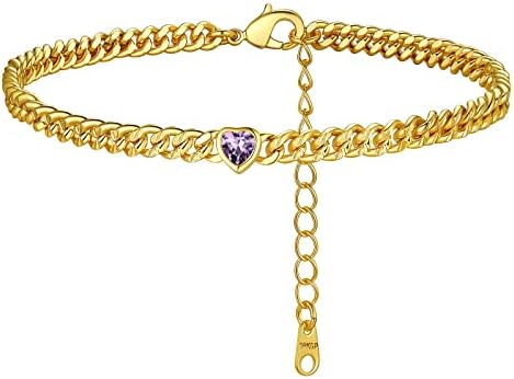 FindChic Cuban Chain Anklet with 12 Month Synthetic Birthstone Foot Jewelelry Adjustable Gold Plated Ankle Bracelets for Women