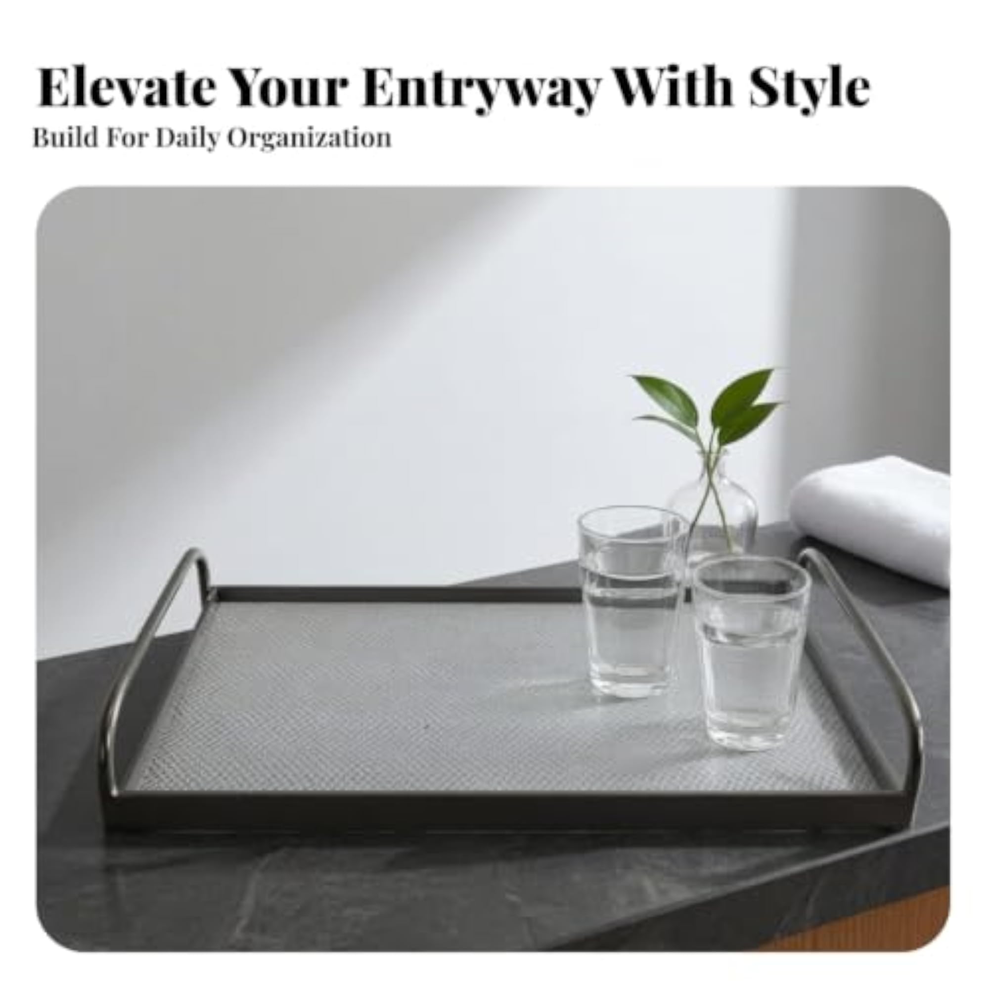 Decorative Leather Tray with Handles, Sturdy Rectangular Tray