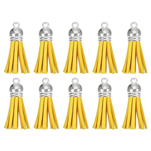 HARFINGTON 30Pcs 1.5 Inch Leather Tassels Keychain Charm with Silver Cap for Pendant Bracelet Jewelry Making DIY Craft Decoration, Yellow