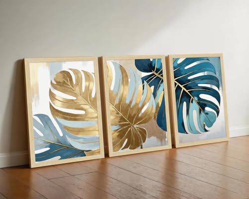 Image of ArtX Paper Leaf Paintings For Wall Decoration, Home Decor Wall Art, Hotel Wall Painting for Living Room, Multicolor, Natural Wood Color Frames, 12x18 inch, Set of 3