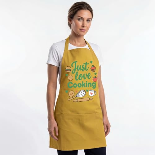 Image of Yellow Weaves Cotton Canvas Printed Kitchen Apron with Large Pockets, Cooking Apron for Men & Women, Durable Chef Apron for Cooking, Barista, Restaurant, Cafe Kitchen Apron