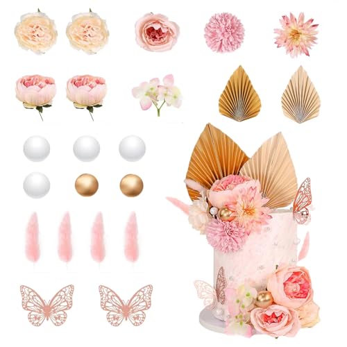 22 decorazioni per torte rosa con ventaglio di palma di carta e farfalla artificiali, decorazioni per torte bohémien, per compleanni, matrimoni, anniversari (rosa)