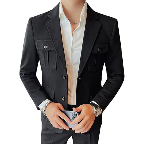 Men's Wool Blend Business Casual Blazer Versatile Office Suit Jacket Banquet Multi-Pocket Sport Coat