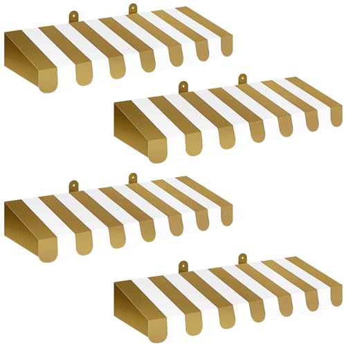 Image of Boao 4 Pcs 3D Cardboard Awning Decor,Gold and White,Striped Style | Paper Awning, Circus Carnival Theme, For Bulletin Board, Lemonade Stand, Bakery & Ice Cream Truck, Wall Window Backdrop