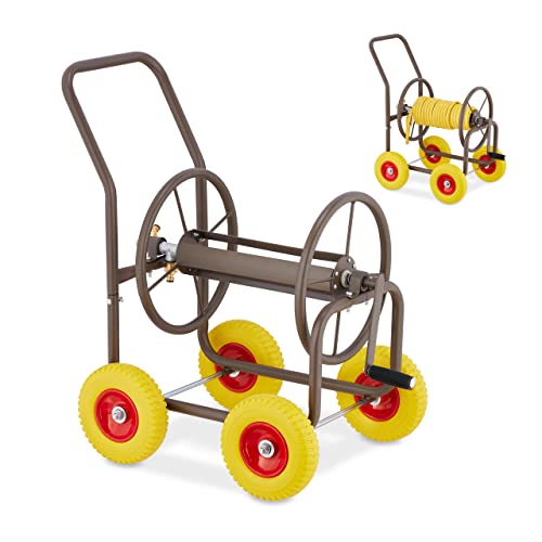 Relaxdays Schlauchwagen, bis 60 m, 4 Vollgummireifen, Klickkupplung, Schlauchtrommel Metall, Schlauchabroller, braun