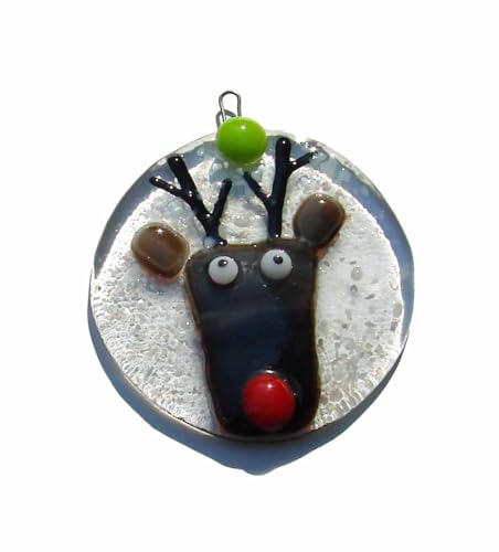 Rudolph Red Nosed Reindeer Handmade Round Fused Glass Christmas Ornament