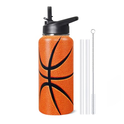 32oz Basketball Insulated Water Bottle with Straw, Gym Hiking Sports Coffee Mug Cup, Basketball Gifts for Women, Basketball Decor Accessories