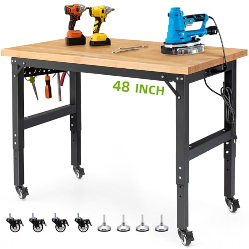 ENJOYWOOD 48" x 20" Workbench with Wheels Adjustable Height Work Table with Pegboard & Power Outlets Rolling Work Bench for Garage, Workshop, Home & Office