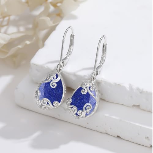 Filigree/Hibiscus/Plumeria Flower Leverback Earrings Moonstone/Lapis Lazuli/Turquoise/Moss Agate/Black Onyx Jewelry for Women 925 Sterling Silver Dangle Drop Earrings Filigree Gifts for Wife2