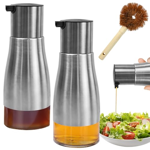 UHETLET 2 Stück 300ml Ölflasche essig und Ölflaschen set Edelstahl mit Glasboden Ölspender Spenderessig öl Flaschen zum Befüllen Olivenöl Essigspender Set Camping für Öl Essig Olivenöl Sojasauce