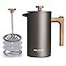 Poliviar French Press Kaffeebereiter 1 Liter/8 Tassen, Doppelwandige Isolierte Kaffeekanne und Teebereiter, Handfilter Kaffeepresse mit Plunger & Griff aus Holz, Cliff (Grau) JX2020-FPY-DE