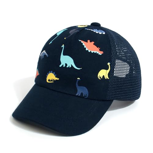 Image of Duoyeree Toddler Baseball Hat, Dinosaur Mesh Adjustable for 0-8T Kids | 60% cotton blend, full mesh back ventilation; curved UV brim, velcro strap, sizes 0-8T for beach outdoor summer