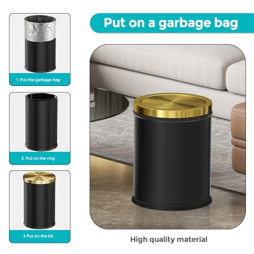 Image of 4 Gallon Black Gold Bathroom Trash Can, Stainless Steel Waste Basket, Large Capacity Garbage Can, for Bedroom Kitchen Office Hotel (Black)