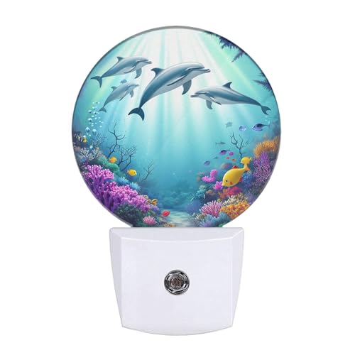 Image of EKOBLA Dolphin Night Light, Colorful Ocean Coral and Fish Night Lights Plug Into Wall with Auto Sensor for Coastal Bathroom Home Decor
