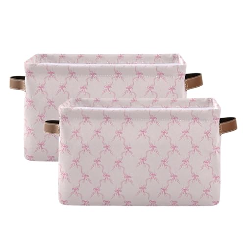 Image of Wamika Pink Bowknot Storage Basket with Waterproof Liner and PU Handles Bow Coquette Storage Bins Boxes 14.2 inch Collapsible Decorative Organizer Baskets for Bedroom Closet Office 2 Pack