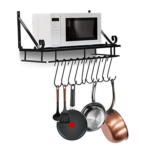 Ejoyous Wall Mount Pot Pan Rack, 45CM Saucepan Hanging Rack Multifunctional Utensils Holder Shelf Metal Cookware Organiser with 10 Hooks, Black