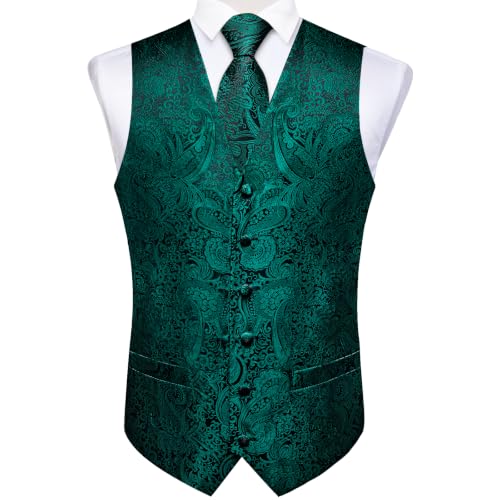 Image of DiBanGu Mens Vest and Tie Set Formal Paisley Waistcoat and Necktie Pocket Square Cufflinks Silk Suit Vest for Tuxedo Wedding