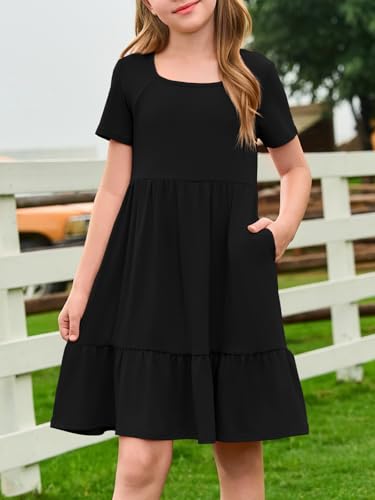 Haloumoning Girls Dresses Kids Summer Short Sleeve Square Neck Dress with Side Pockets 5-14 Years4