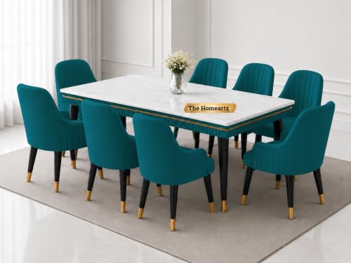 Image of Elara Modern Dining Table Set 8-Seater Wooden Dining Table Set | 1 Year Warranty | Nano Composite Marble Marble Top Table with 8 Chairs (Sea Blue)